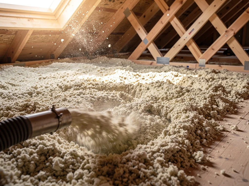 Soufflage de laine minérale sur le plancher de combles perdus en fermettes