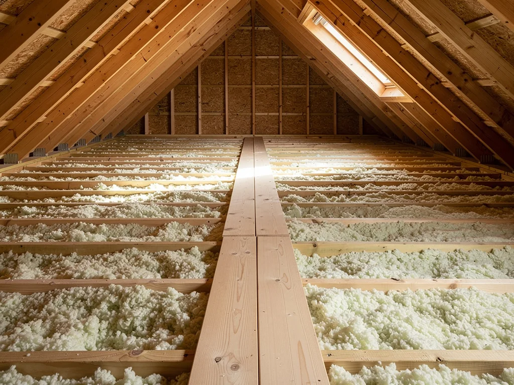 Plancher de combles perdus isolé et fini, fermettes apparentes